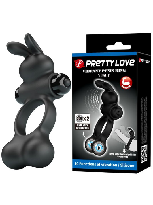 PRETTY LOVE - ANILLO VIBRADOR PARA PENE CON ESTIMULADOR DE CONEJITO 10 FUNCIONES NEGRO