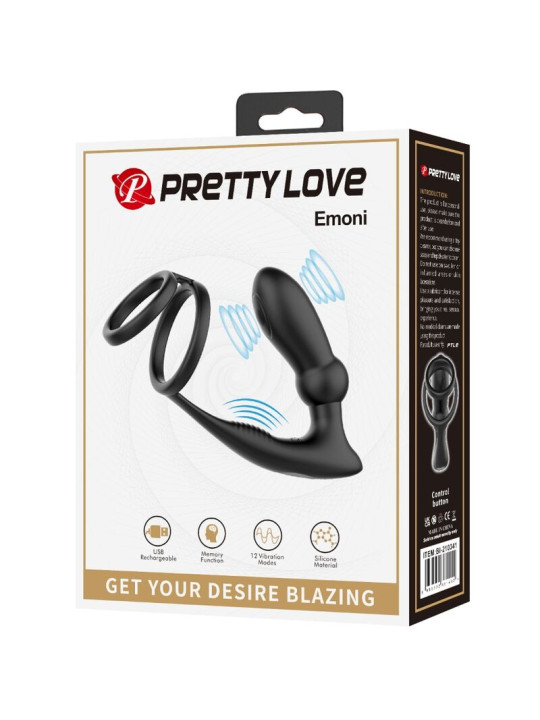 PRETTY LOVE - EMONI ANILLO PENE + PLUG ANAL 12 VIBRACIONES NEGRO