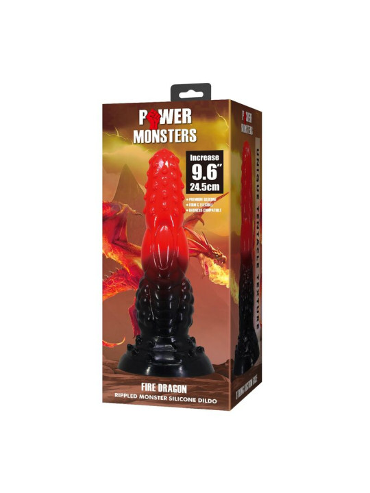 POWER MONSTERS - FIRE DRAGON DILDO FANTASÍA CON VENTOSA 24,5 CM Ø 5,8 CM ROJO Y NEGRO