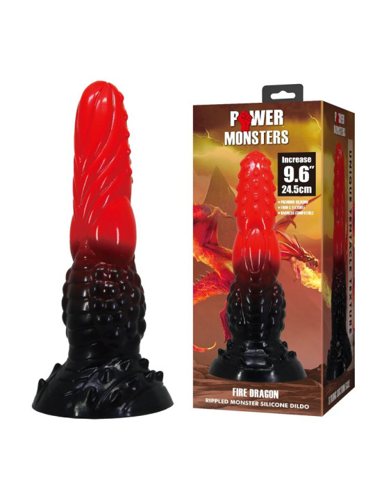 POWER MONSTERS - FIRE DRAGON DILDO FANTASÍA CON VENTOSA 24,5 CM Ø 5,8 CM ROJO Y NEGRO