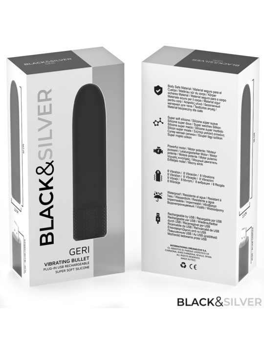 BLACK & SILVER - GERI BALA VIBRADORA RECARGABLE POR USB 8 VIBRACIONES NEGRO 10 X 2.2 CM