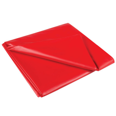 Sábana JoyDivision SexMAX WetGAMES en versión roja, lámina de PVC impermeable doblada sobre fondo blanco