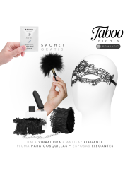 Taboo Nights Romantic kit: antifaz encaje negro, vibrador compacto USB, muñequeras elásticas y plumas metal dorado para parejas