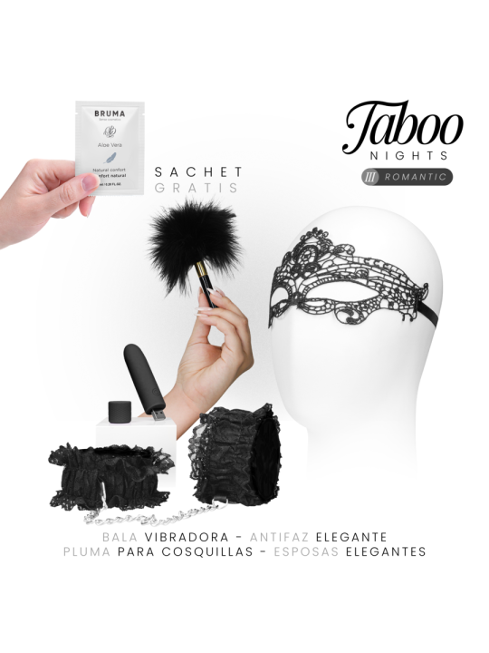 Taboo Nights Romantic kit: antifaz encaje negro, vibrador compacto USB, muñequeras elásticas y plumas metal dorado para parejas