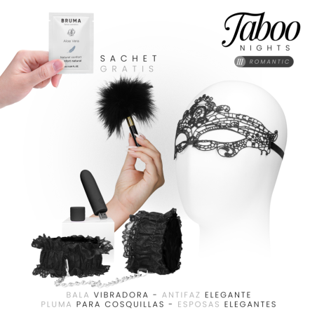 Taboo Nights Romantic kit: antifaz encaje negro, vibrador compacto USB, muñequeras elásticas y plumas metal dorado para parejas