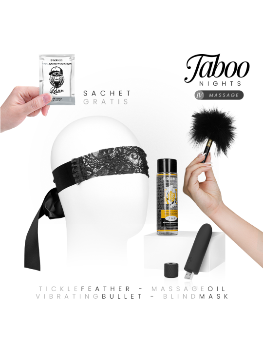 Kit TABOO NIGHTS Massage 4 con vibrador USB, antifaz encaje negro, plumas caricias, aceite calor piña colada y gel dilatador ana
