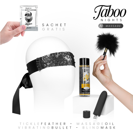 Kit TABOO NIGHTS Massage 4 con vibrador USB, antifaz encaje negro, plumas caricias, aceite calor piña colada y gel dilatador ana
