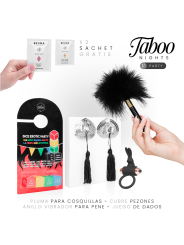 Contenido del kit Taboo Nights 5 Party: dados, anillo vibrador, cubre pezones, pluma y dos geles