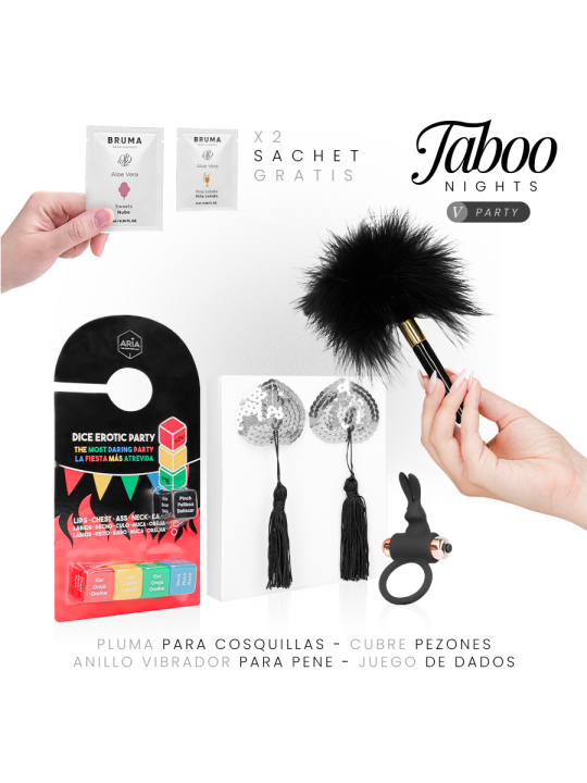 Contenido del kit Taboo Nights 5 Party: dados, anillo vibrador, cubre pezones, pluma y dos geles