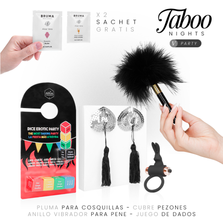 Contenido del kit Taboo Nights 5 Party: dados, anillo vibrador, cubre pezones, pluma y dos geles