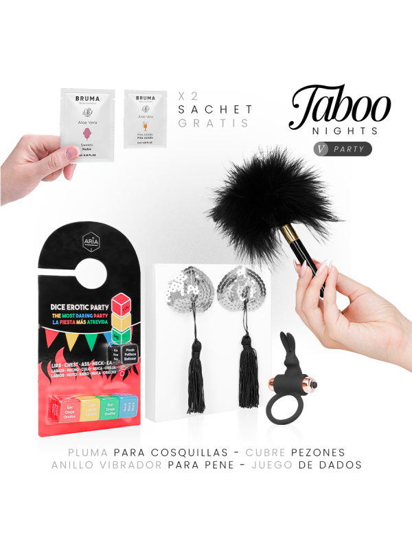 Contenido del kit Taboo Nights 5 Party: dados, anillo vibrador, cubre pezones, pluma y dos geles