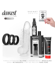 Kit DARKEST TEMPTATION con extensor transparente 27cm, gel Spartan vegano, spray Black Hole, anillos silicona planos y lubricant