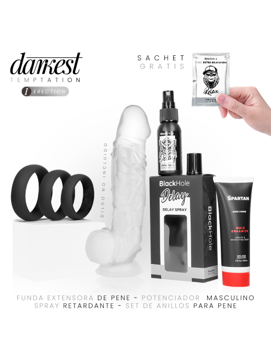 Kit DARKEST TEMPTATION con extensor transparente 27cm, gel Spartan vegano, spray Black Hole, anillos silicona planos y lubricant