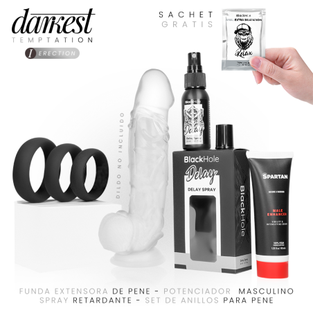 Kit DARKEST TEMPTATION con extensor transparente 27cm, gel Spartan vegano, spray Black Hole, anillos silicona planos y lubricant