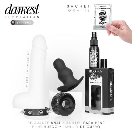 Kit Darkest Temptation 2 Extreme: plug hueco negro, anillo de cuero con tachuelas, anillo para pene y spray BlackHole