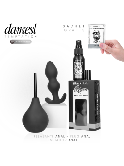 Kit Darkest Temptation con plug anal silicona negro, spray relaxante, gel monodosis y limpiador anal portátil