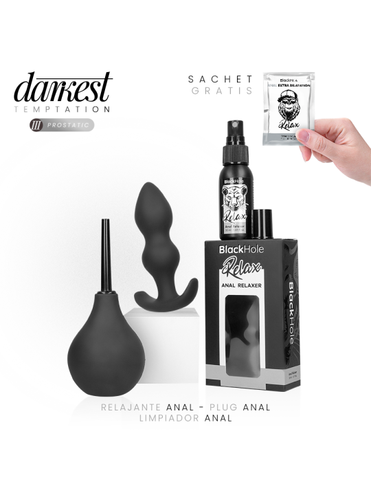 Kit Darkest Temptation con plug anal silicona negro, spray relaxante, gel monodosis y limpiador anal portátil
