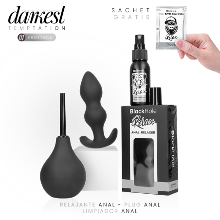 Kit Darkest Temptation con plug anal silicona negro, spray relaxante, gel monodosis y limpiador anal portátil