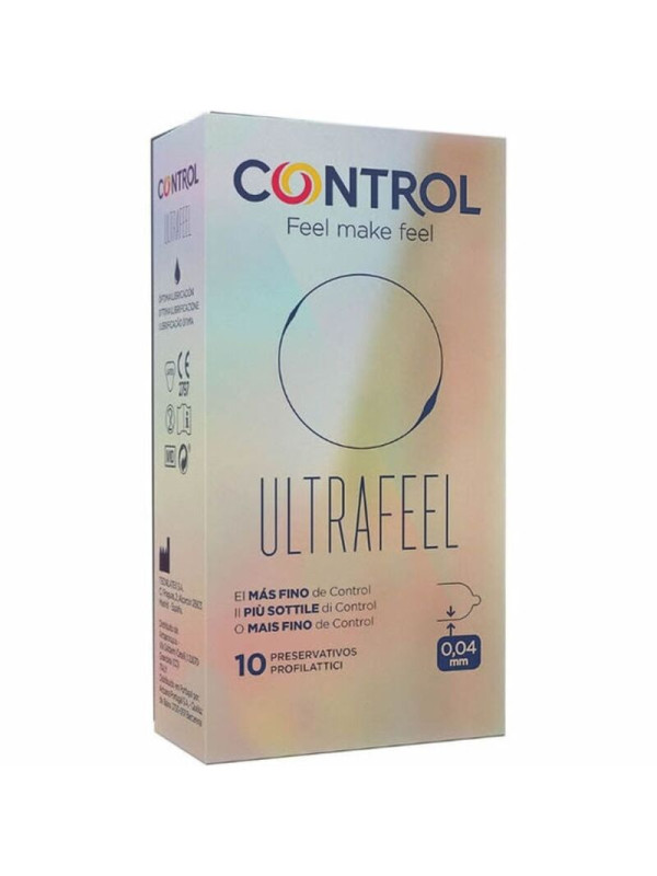 Caja de preservativos Control Ultrafeel de 10 unidades con el grosor de 0,04 mm indicado en el frontal