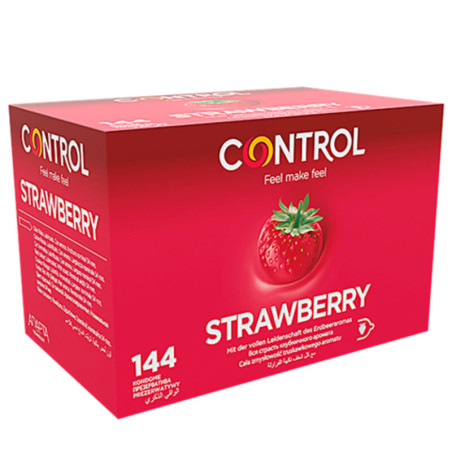Caja roja de 144 preservativos Control Strawberry con aroma a fresa, formato ahorro