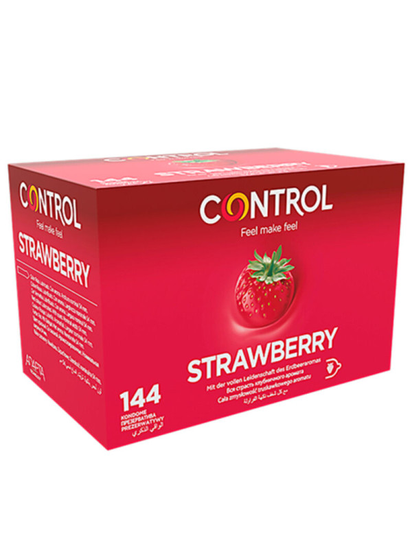 Caja roja de 144 preservativos Control Strawberry con aroma a fresa, formato ahorro
