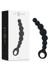 Caja de Intense Anal Beads Max junto a la hilera de bolas anales de silicona negra con anilla