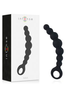 Caja de Intense Anal Beads Max junto a la hilera de bolas anales de silicona negra con anilla