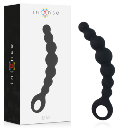 Caja de Intense Anal Beads Max junto a la hilera de bolas anales de silicona negra con anilla