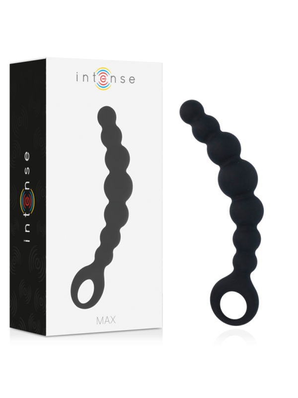 Caja de Intense Anal Beads Max junto a la hilera de bolas anales de silicona negra con anilla