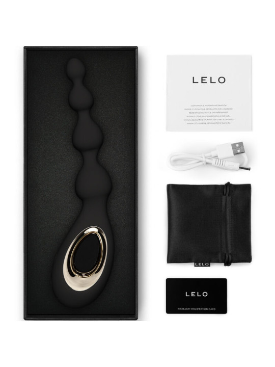 Contenido de la caja del LELO Soraya Beads: masajeador, cable USB, funda de tela, manual y tarjeta