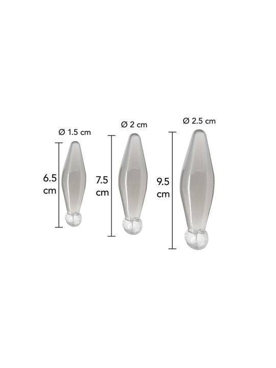 Medidas del set ToyJoy Finger Rimmer: 6,5, 7,5 y 9,5 cm con diámetros de 1,5 a 2,5 cm