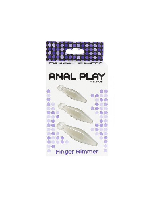 Caja de Anal Play by ToyJoy del set Finger Rimmer con las tres piezas transparentes ilustradas