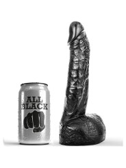 Consolador All Black negro con testículos junto a una lata como referencia de tamaño