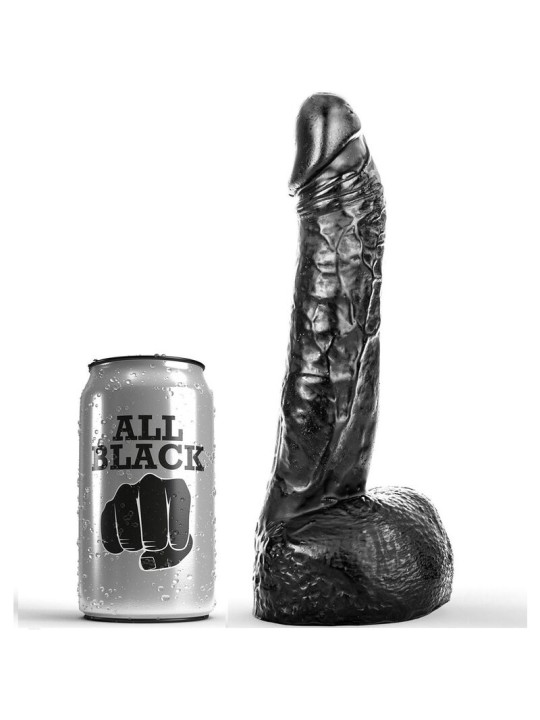 Consolador All Black negro con testículos junto a una lata como referencia de tamaño