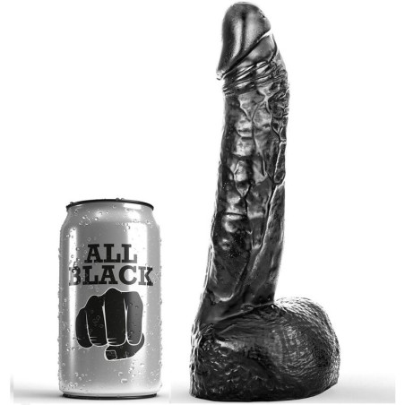 Consolador All Black negro con testículos junto a una lata como referencia de tamaño