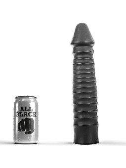 ALL BLACK Dildo 26 cm negro estriado junto a lata de cerveza para comparar tamaño