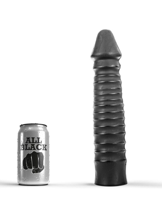 ALL BLACK Dildo 26 cm negro estriado junto a lata de cerveza para comparar tamaño