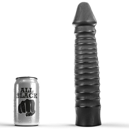 ALL BLACK Dildo 26 cm negro estriado junto a lata de cerveza para comparar tamaño