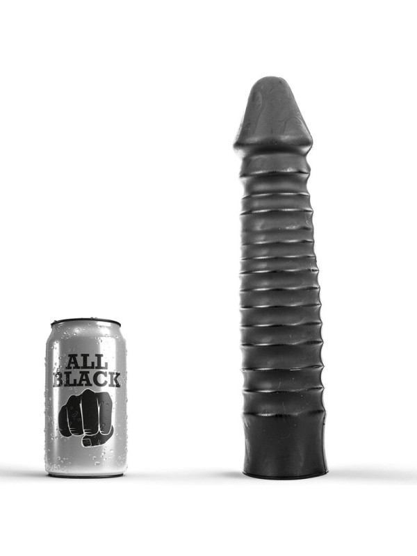 ALL BLACK Dildo 26 cm negro estriado junto a lata de cerveza para comparar tamaño