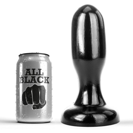 Plug anal ALL BLACK 19,5 cm junto a lata de cerveza para escala de tamaño