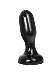 Buttplug de PVC negro con base ancha y forma cónica de perfil