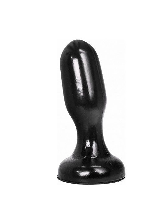 Buttplug de PVC negro con base ancha y forma cónica de perfil