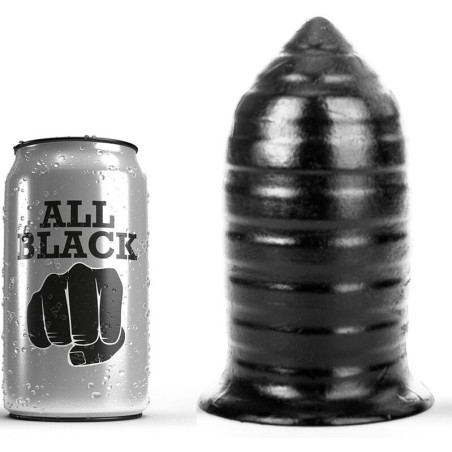 Lata ALL BLACK junto a plug anal acanalado negro de 16 cm