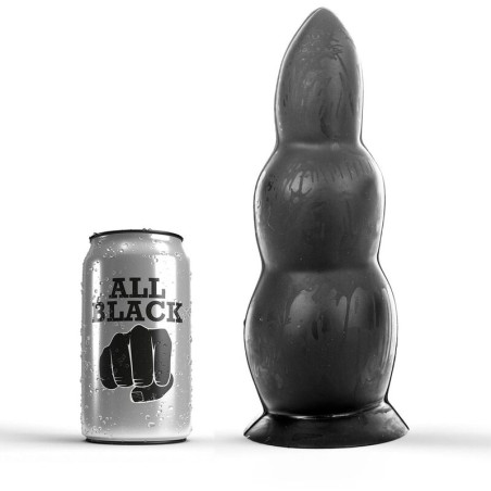 Plug anal ALL BLACK 23 cm junto a lata de cerveza para escala de tamaño