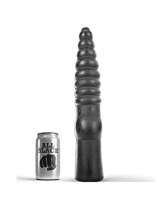 Dildo anal All Black de 33 cm con anillas escalonadas junto a una lata de la marca como referencia de tamaño