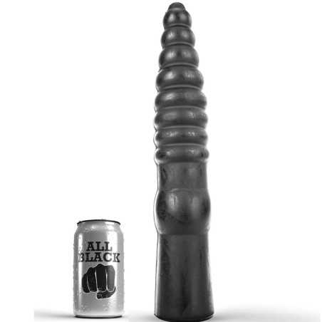 Dildo anal All Black de 33 cm con anillas escalonadas junto a una lata de la marca como referencia de tamaño