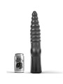 Dildo anal All Black de 33 cm con anillas escalonadas junto a una lata de la marca como referencia de tamaño