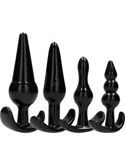 Set de 4 plugs anales negros en progresión de tamaños con bases ergonómicas aplanadas