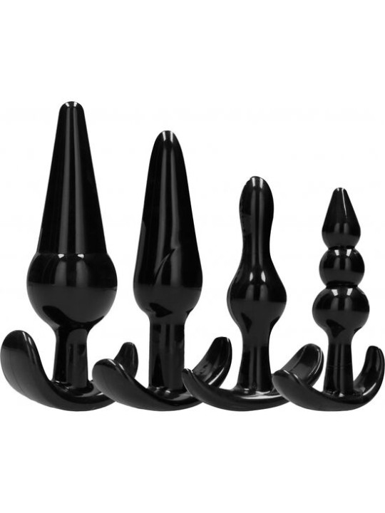Set de 4 plugs anales negros en progresión de tamaños con bases ergonómicas aplanadas