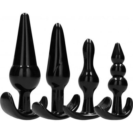 Set de 4 plugs anales negros en progresión de tamaños con bases ergonómicas aplanadas